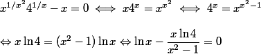 x^{1/x^2} 4^{1/x} - x = 0 \iff x 4^x = x^{x^2} \iff 4^x = x^{x^2 - 1}\\
 \\ \Leftrightarrow x\ln 4=(x^2 - 1)\ln x\Leftrightarrow \ln x-\dfrac{x\ln 4}{x^2 - 1}=0
